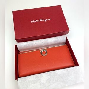 Salvatore Ferragamo Gancini Clasp Long Wallet with ID window, NWT in box.